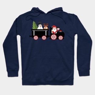 Santa Claus driving locomotive with snowman and reindeer in the wagon Hoodie